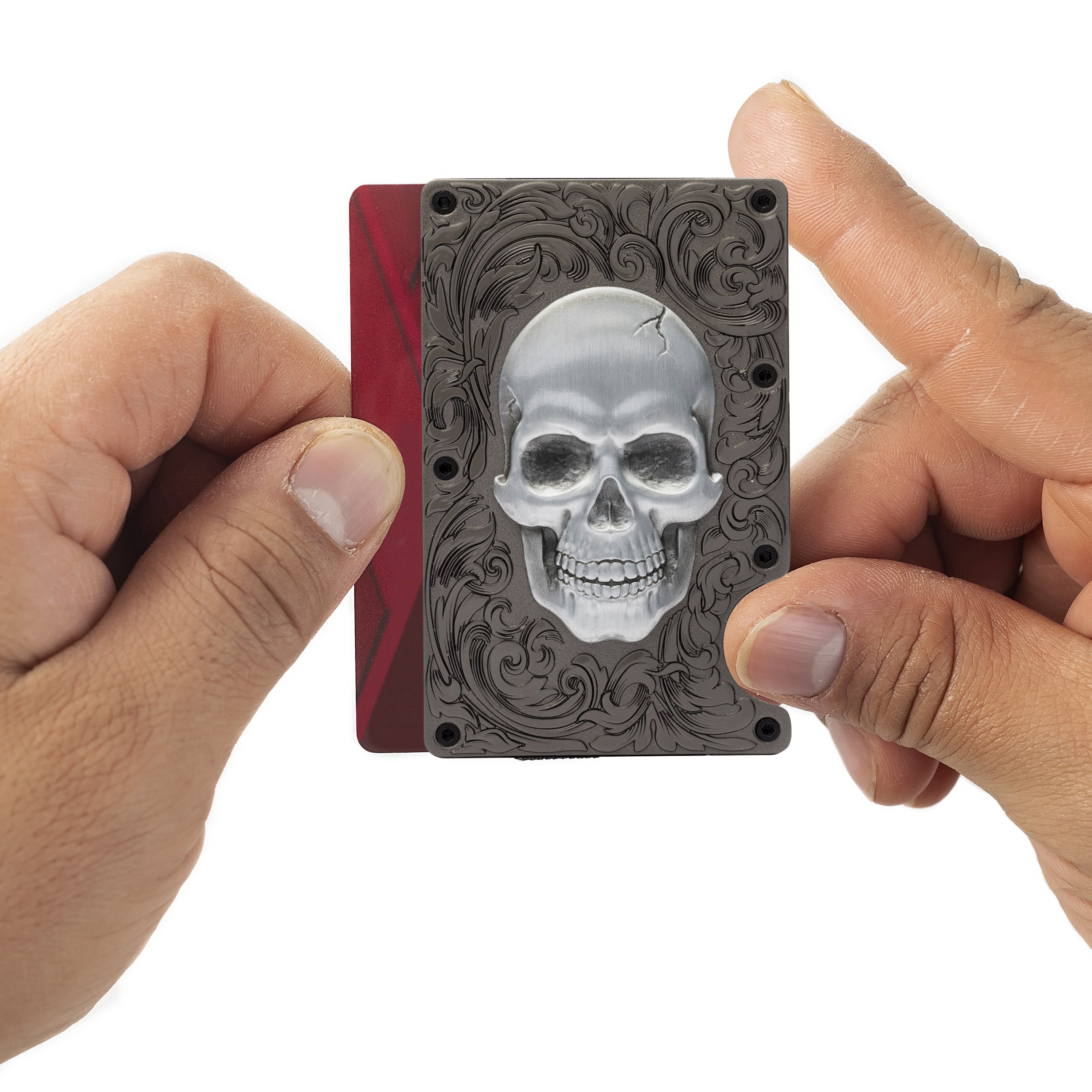 Skull Slim Cardholder Wallet with Clip – Antique Silver Matte Black Zinc Alloy – RFID Blocking Front Pocket Card Holder for Men